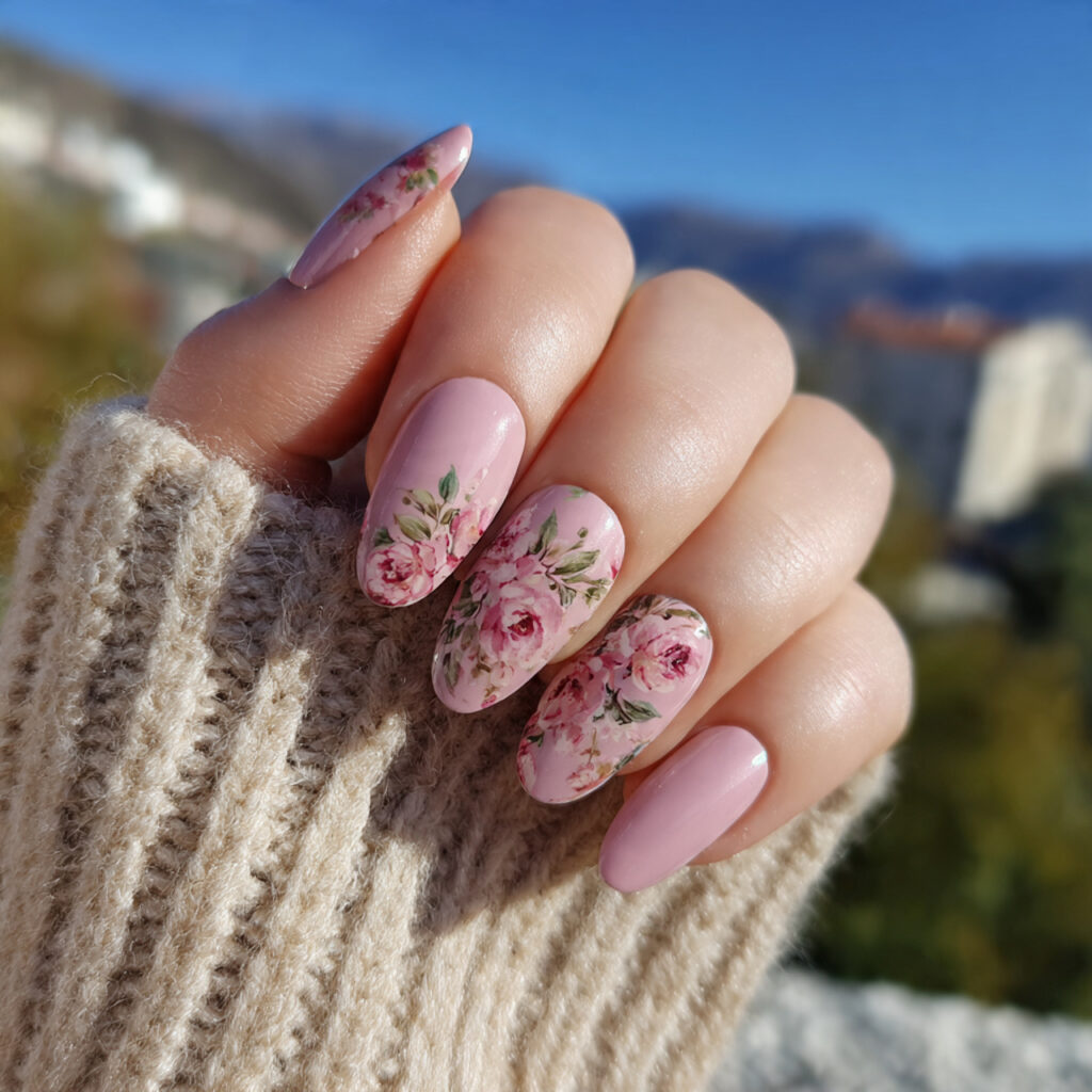 attractive milky white almond nails with outdoor b