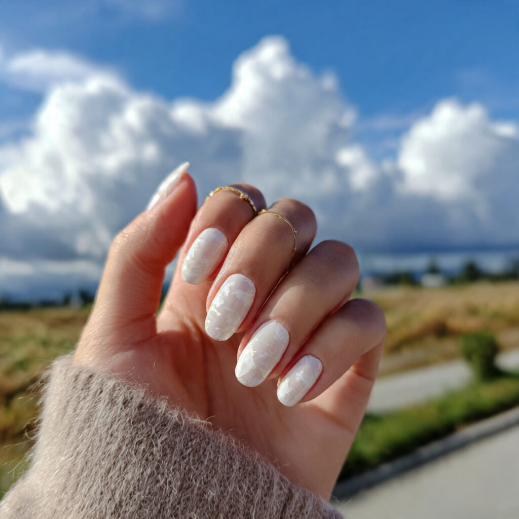 attractive milky white cloud nails with outdoor ba