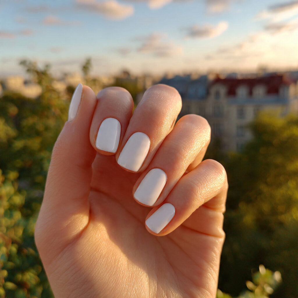attractive milky white minimal nails with outdoor