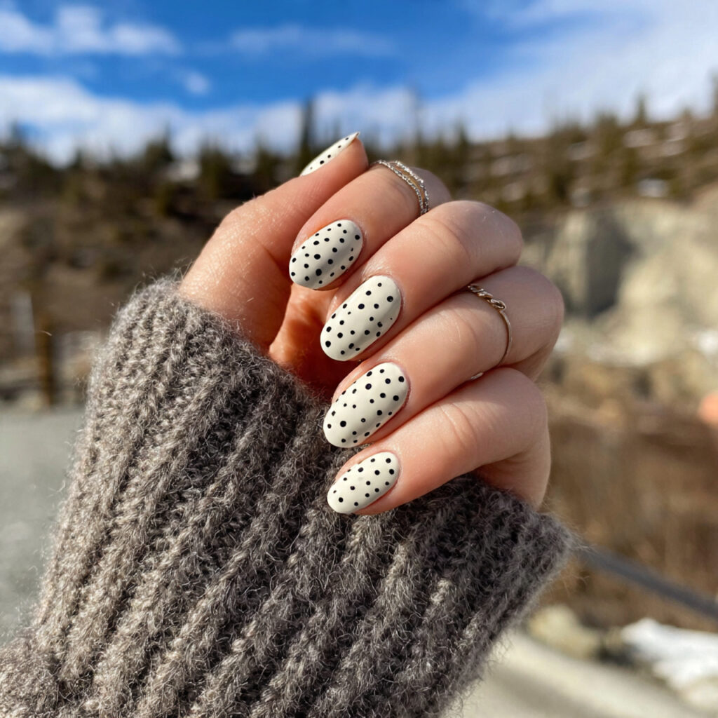 attractive milky white nails with tiny black dots