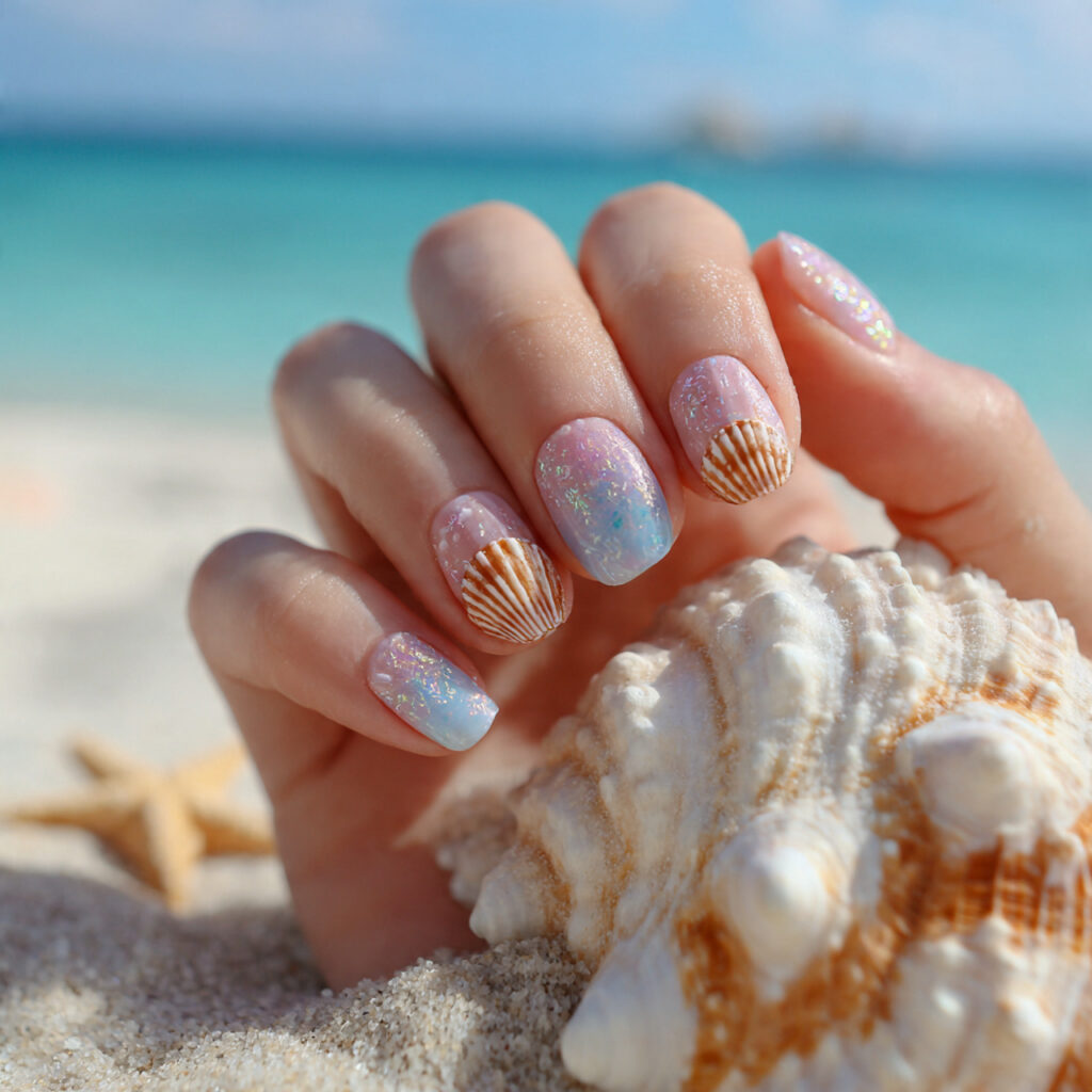 attractive milky white seashell nails with outdoor