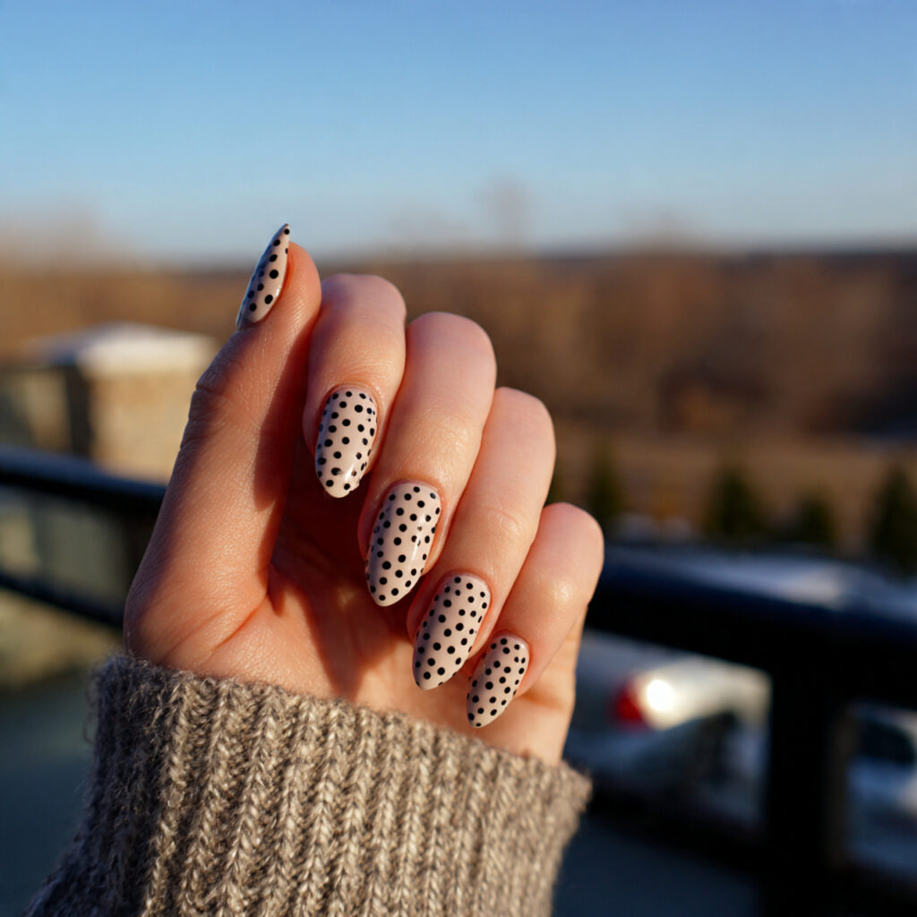 attractive minimal dot detail almond nails with ou