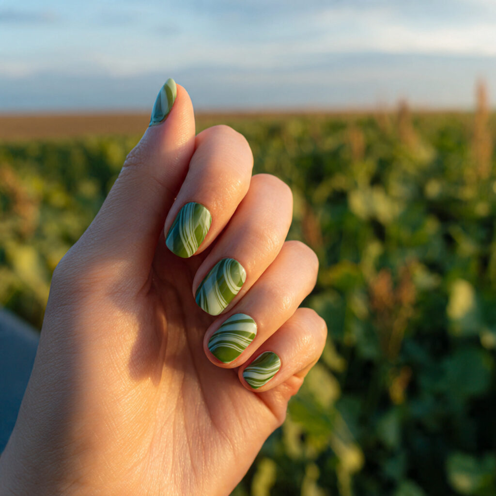 attractive minimal swirl nails with outdoor backgr
