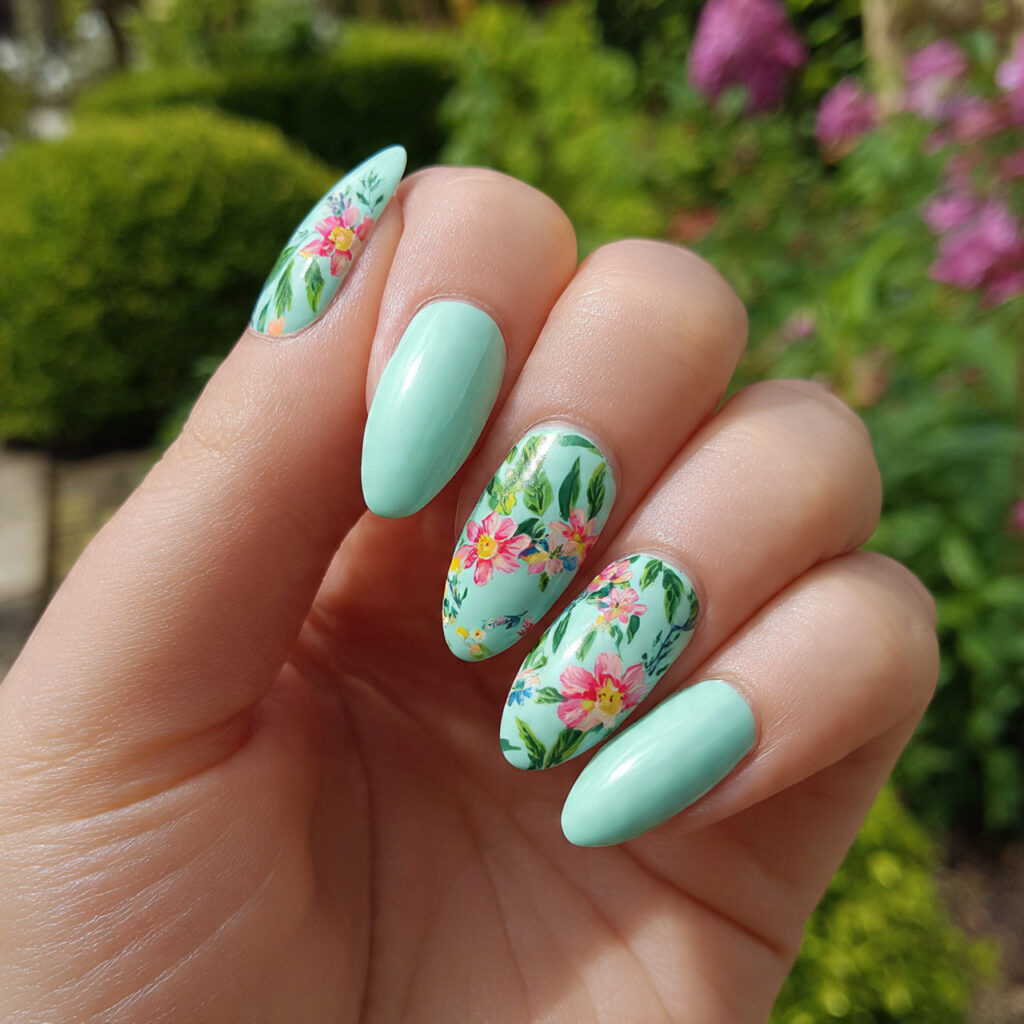 attractive mint floral accent nails with outdoor s