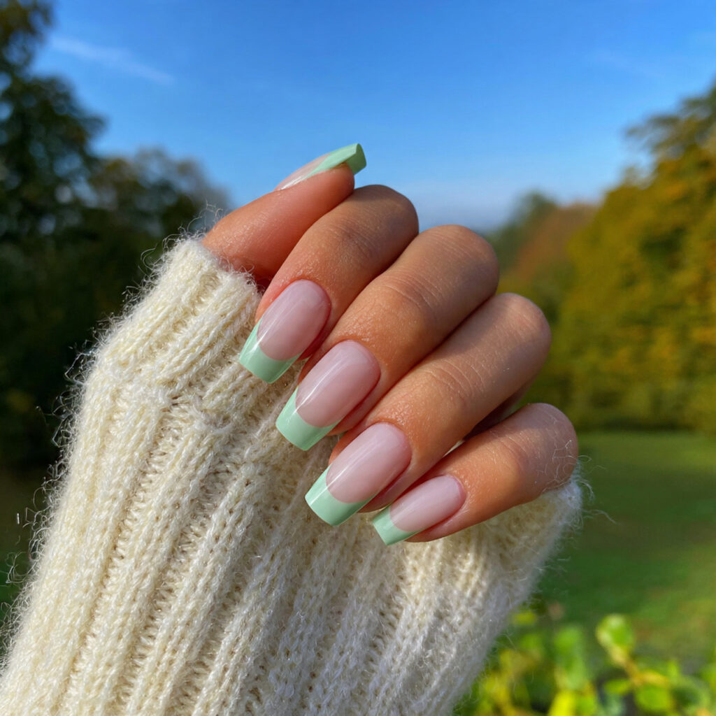attractive mint green french tip nails with outdoo