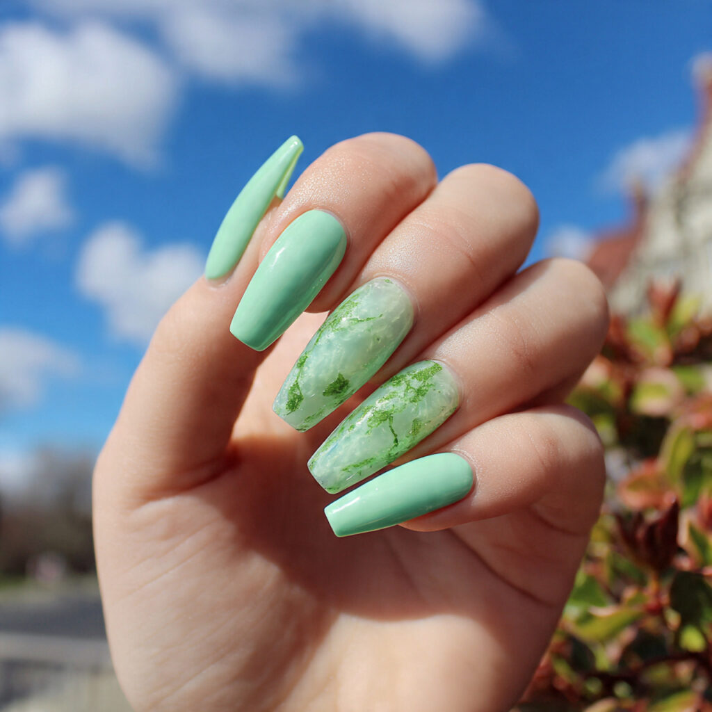attractive mint green iced matcha nails with outdo