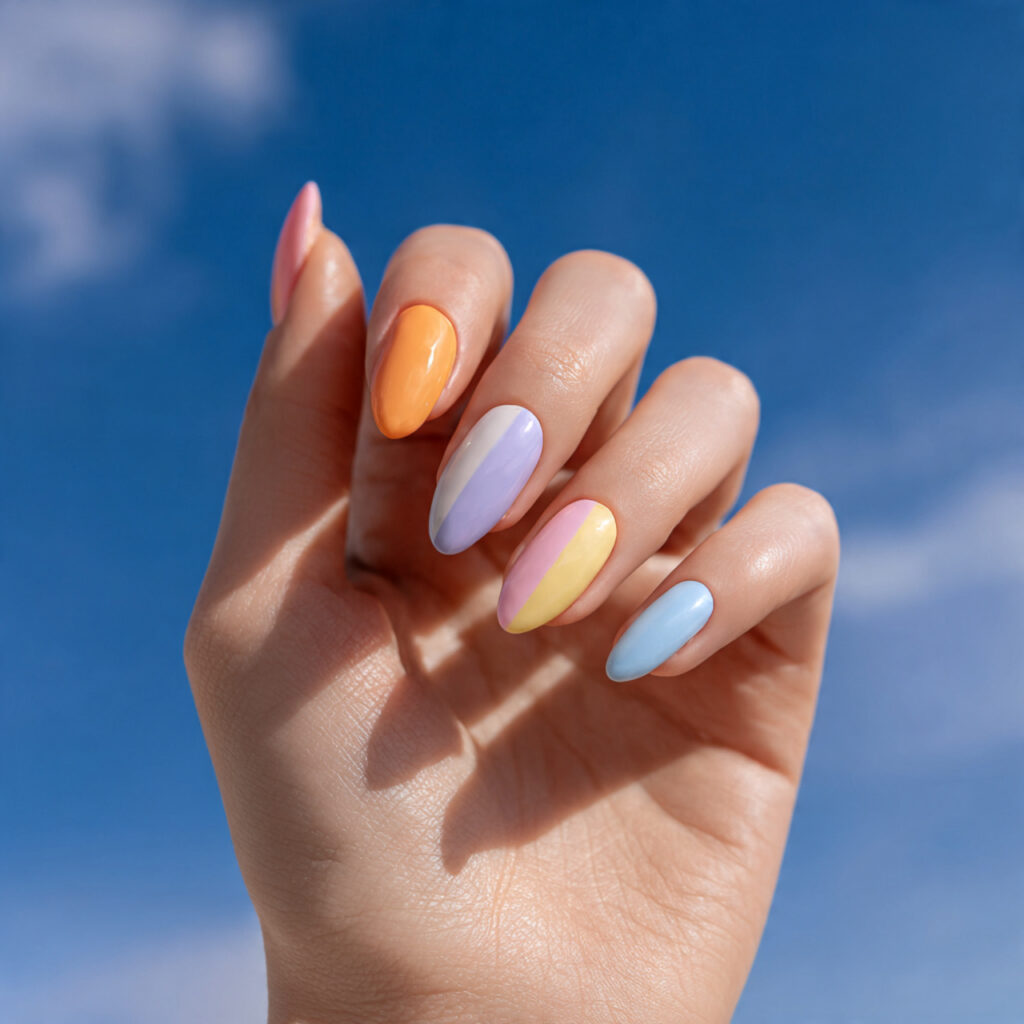 attractive mismatched pastel nails with minimal ar