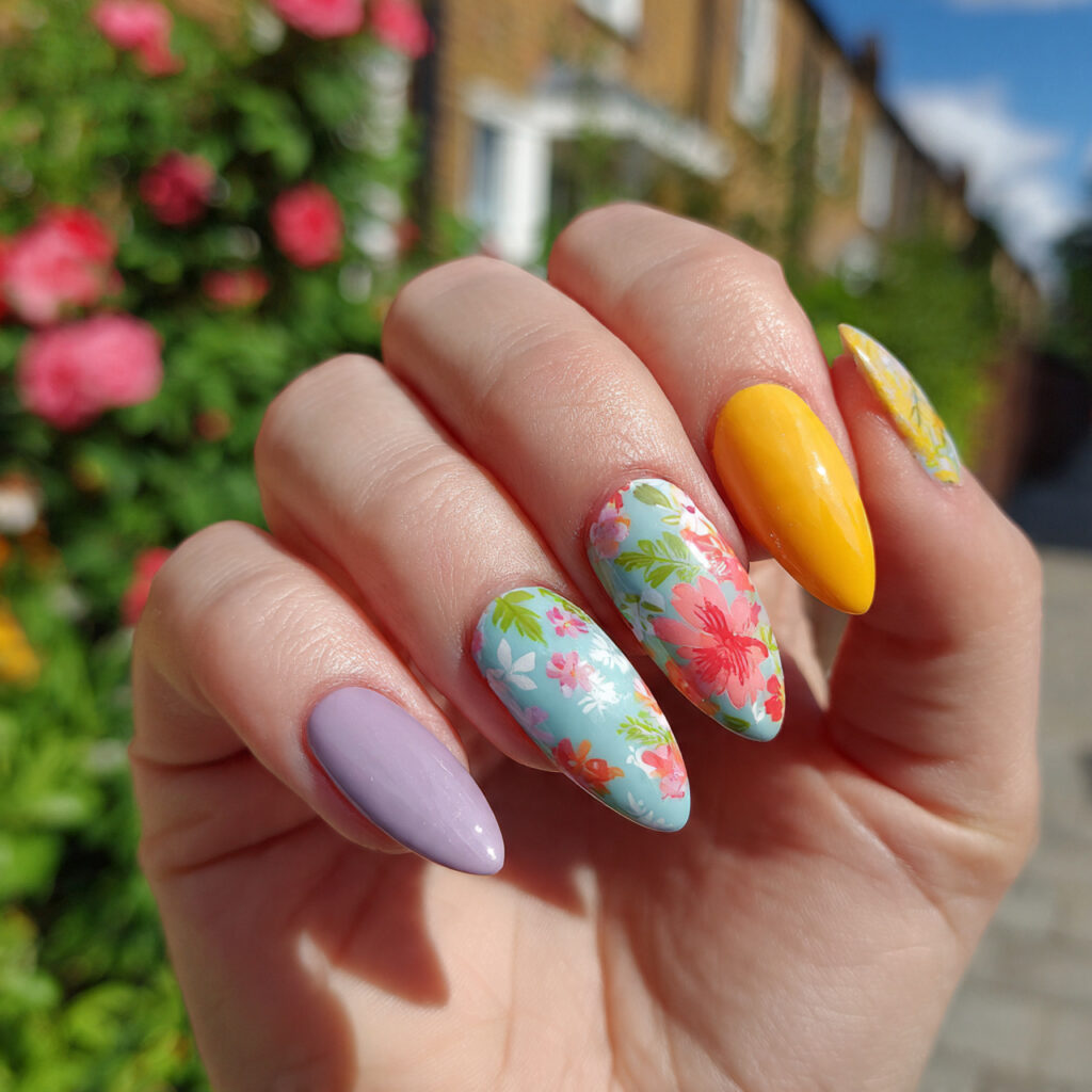 attractive mismatched sorbet almond nails with sum