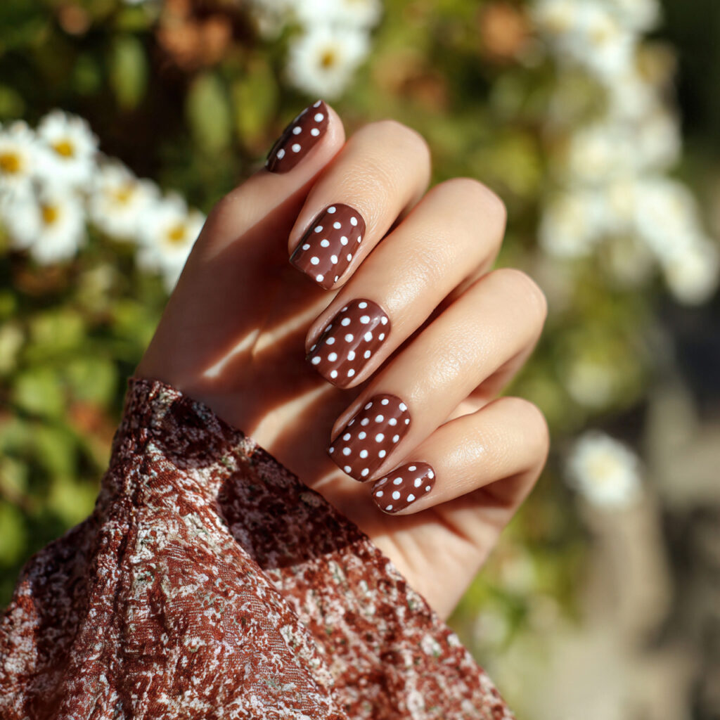 attractive mocha brown polka dot nails with outdoo
