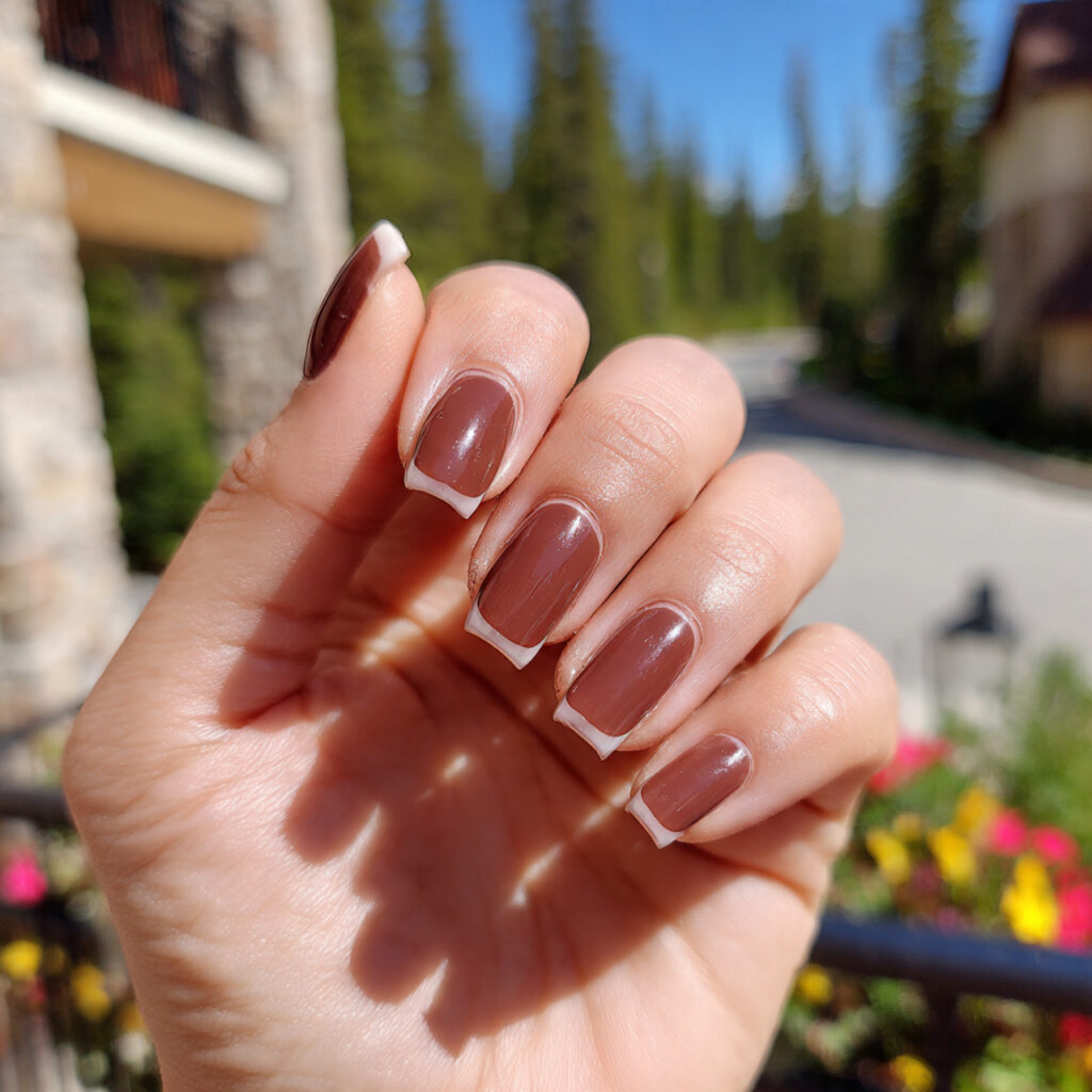 attractive mocha french tips on base with outdoor