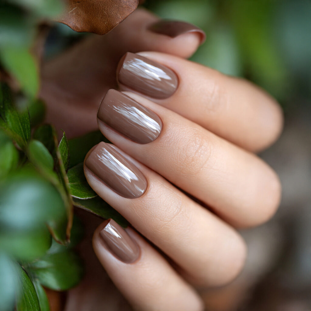 attractive mocha gloss short nails with outdoor ba