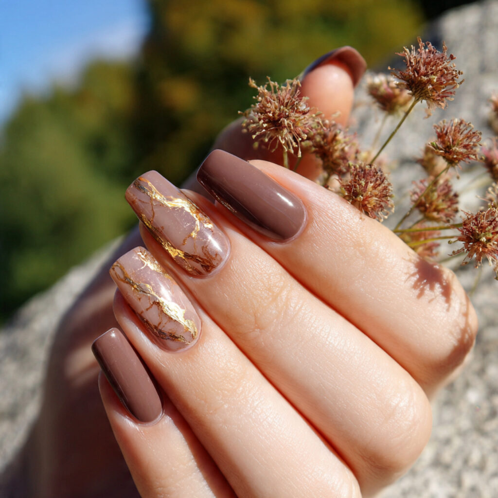 attractive mocha nails with golden marble details