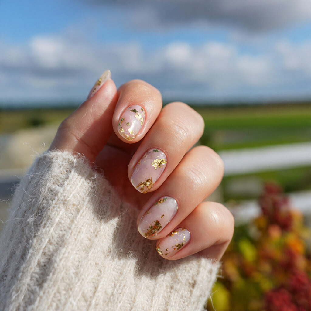 attractive nails with tiny gold foil accents detai