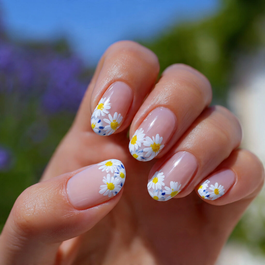 attractive nails with tiny white daisies with outd