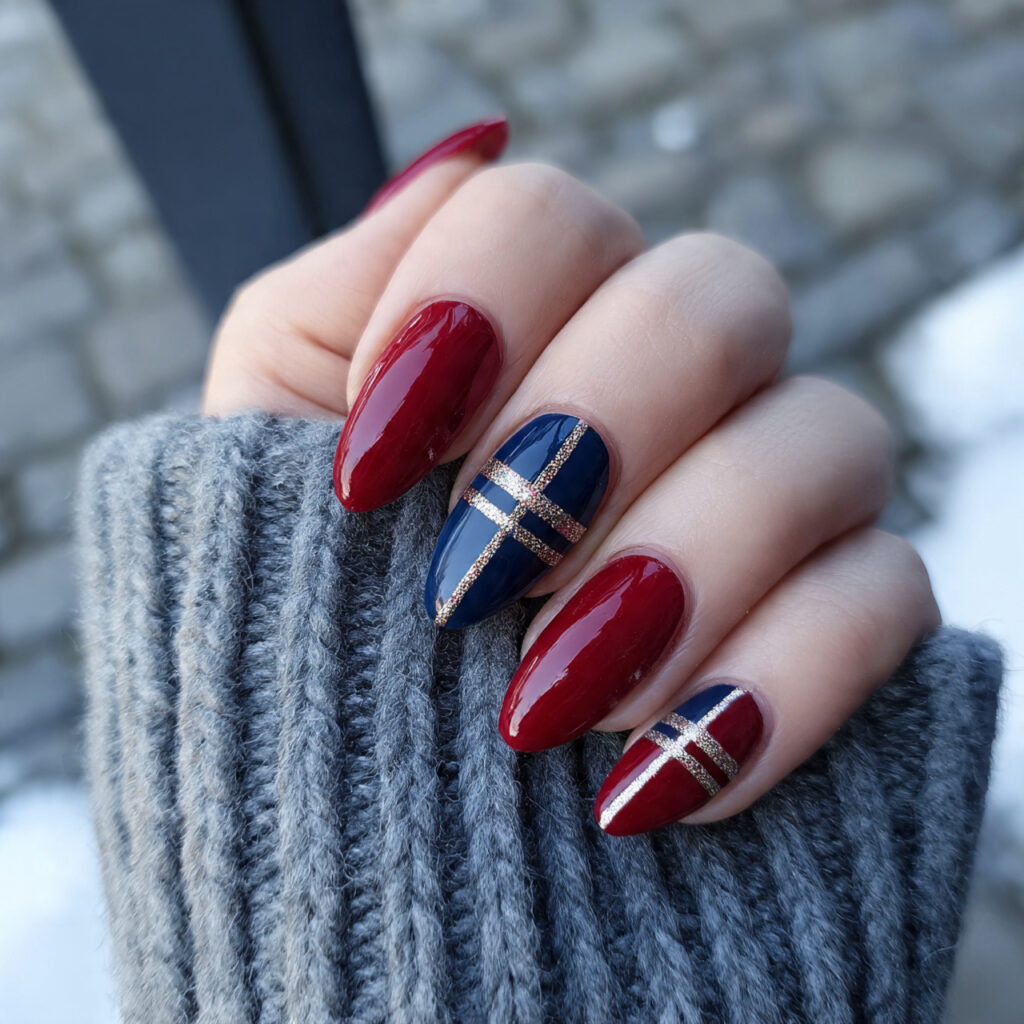 attractive navy and crimson almond elegance nails