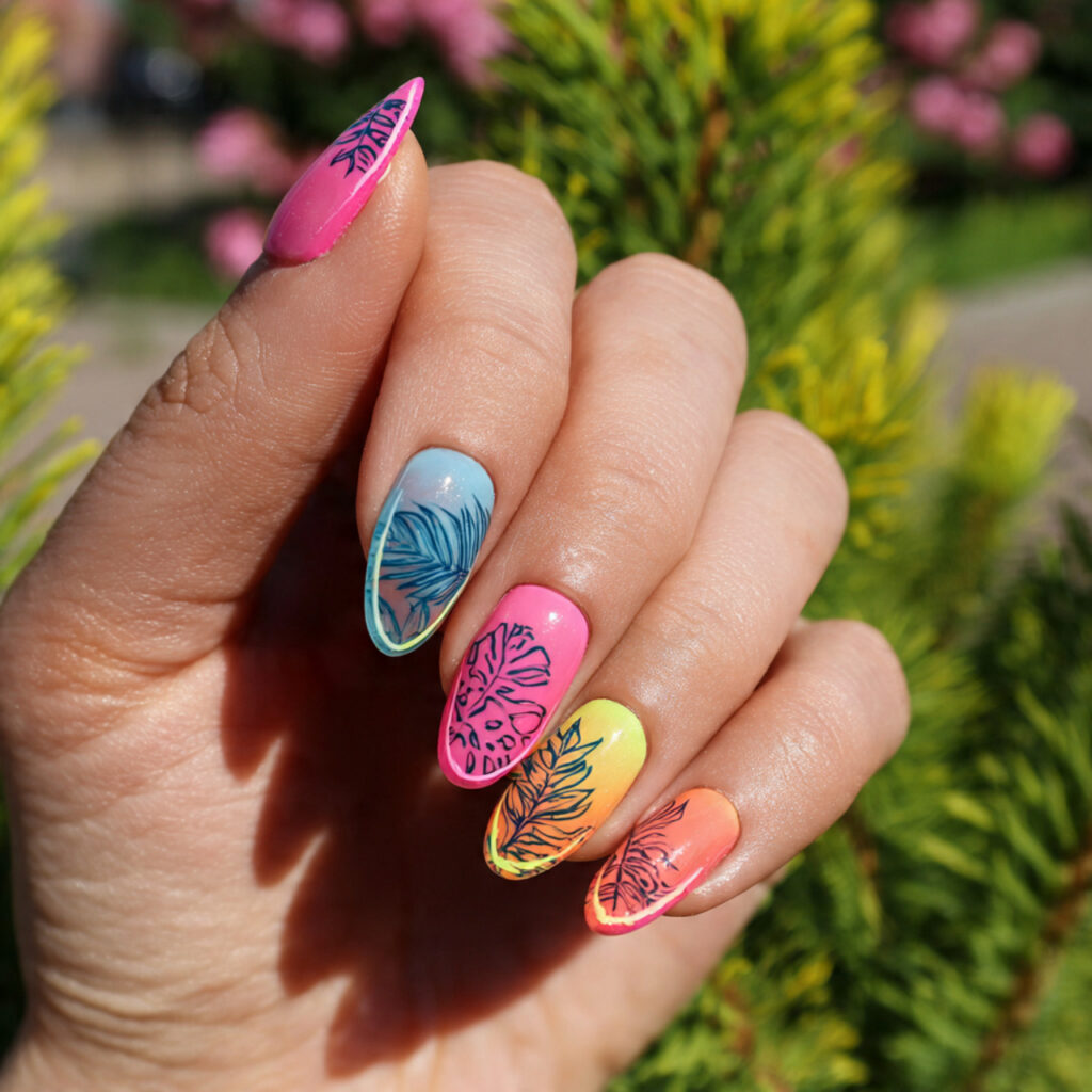 attractive neon outline tips on nails with summer