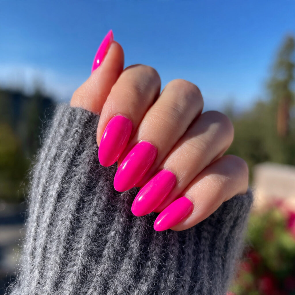 attractive neon pink aura nails with outdoor backg