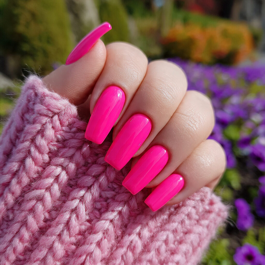 attractive neon pink ballerina nails with outdoor