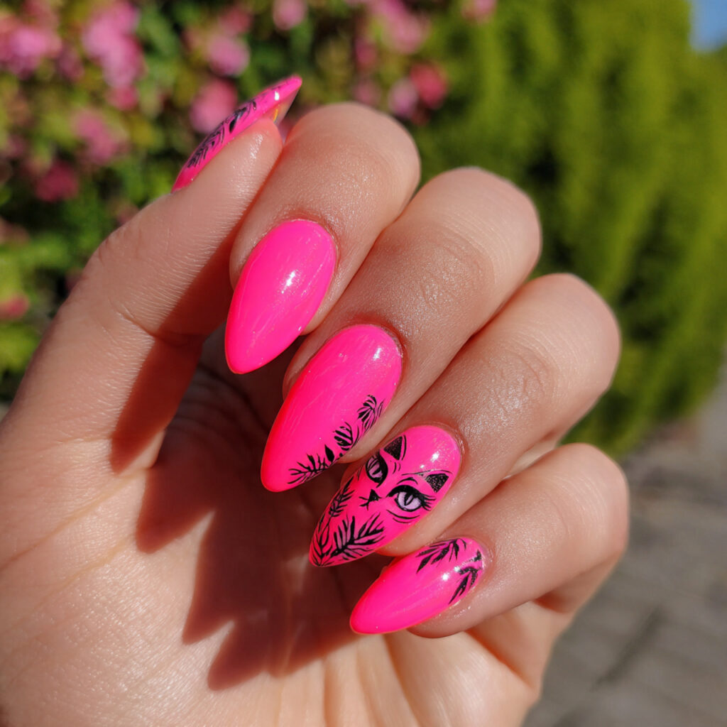attractive neon pink cat eye nails with outdoor ba