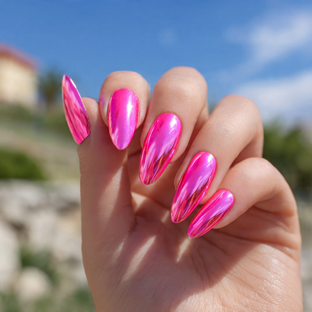 attractive neon pink chrome nails with outdoor bac