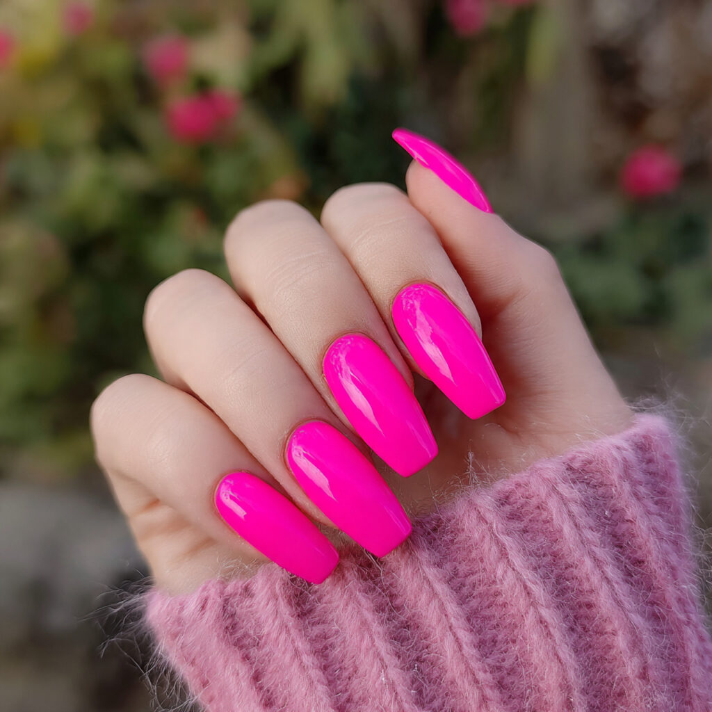 attractive neon pink coffin nails with outdoor bac