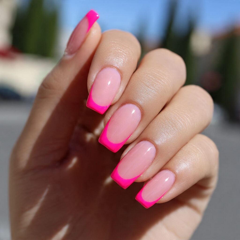 attractive neon pink french tip nails with outdoor