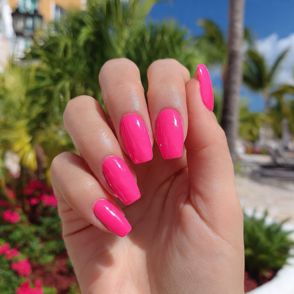 attractive neon pink gel shine nails with outdoor