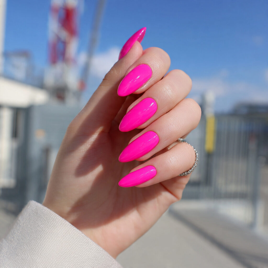 attractive neon pink jelly nails with outdoor back