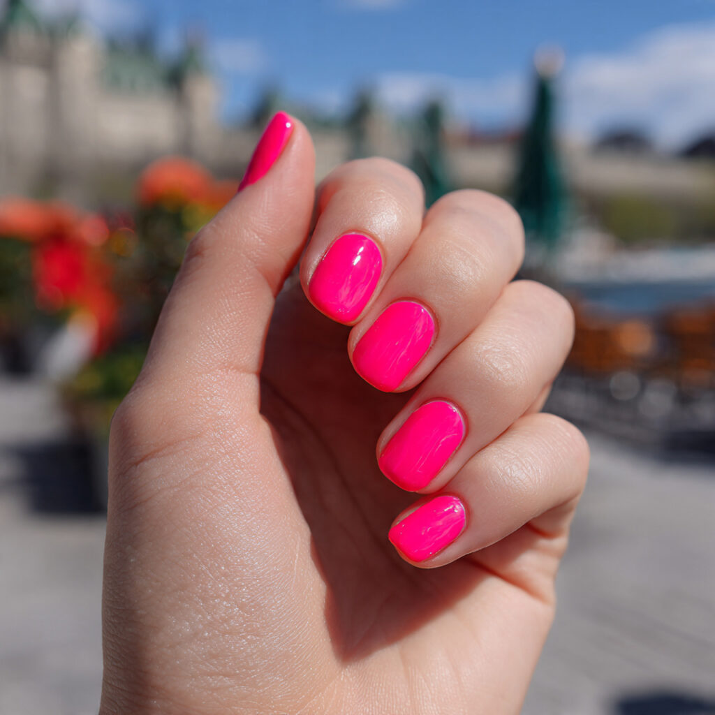attractive neon pink short nails with outdoor back