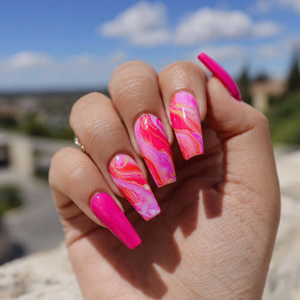 attractive neon pink swirl nails with outdoor back