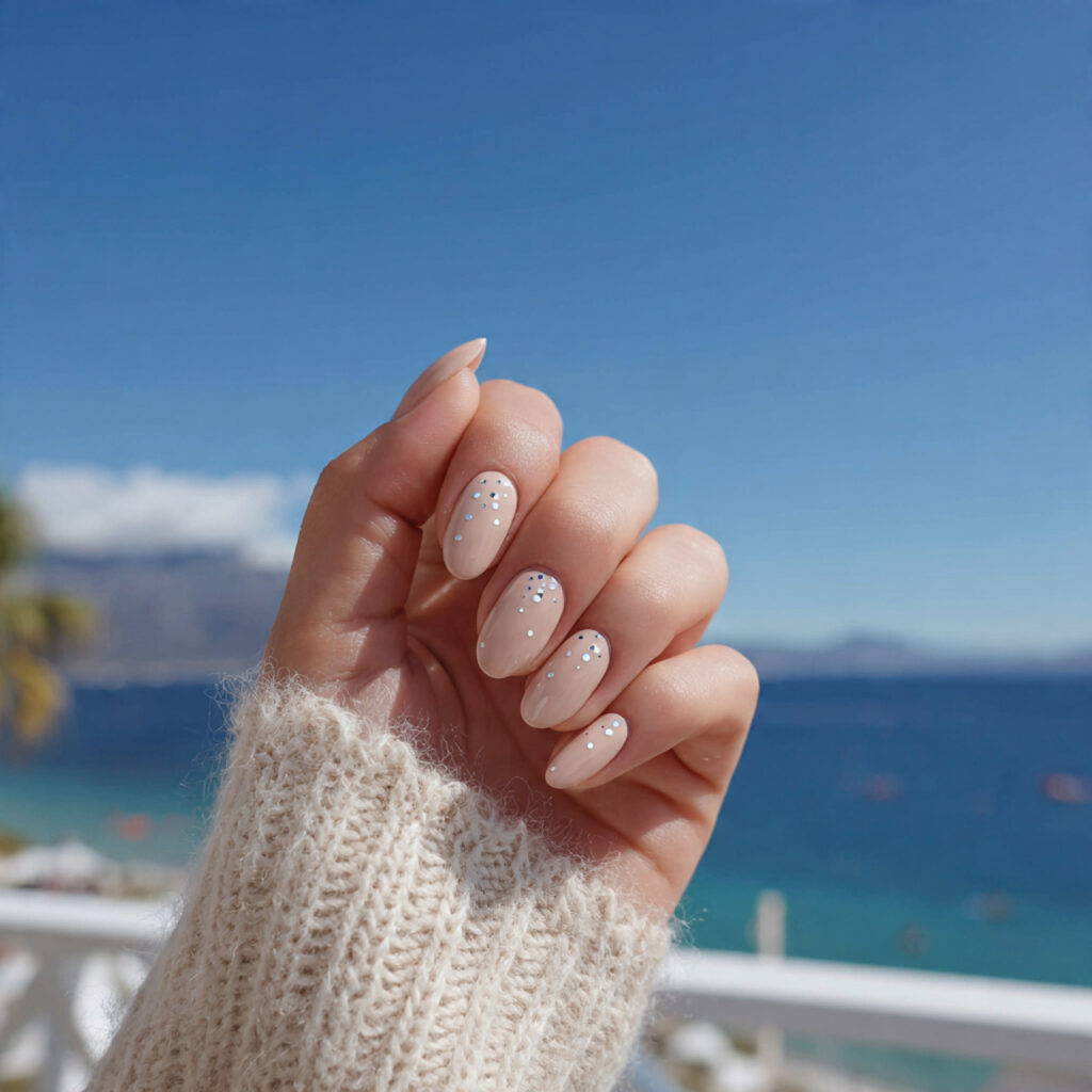 attractive nude beige nails with micro dots with o