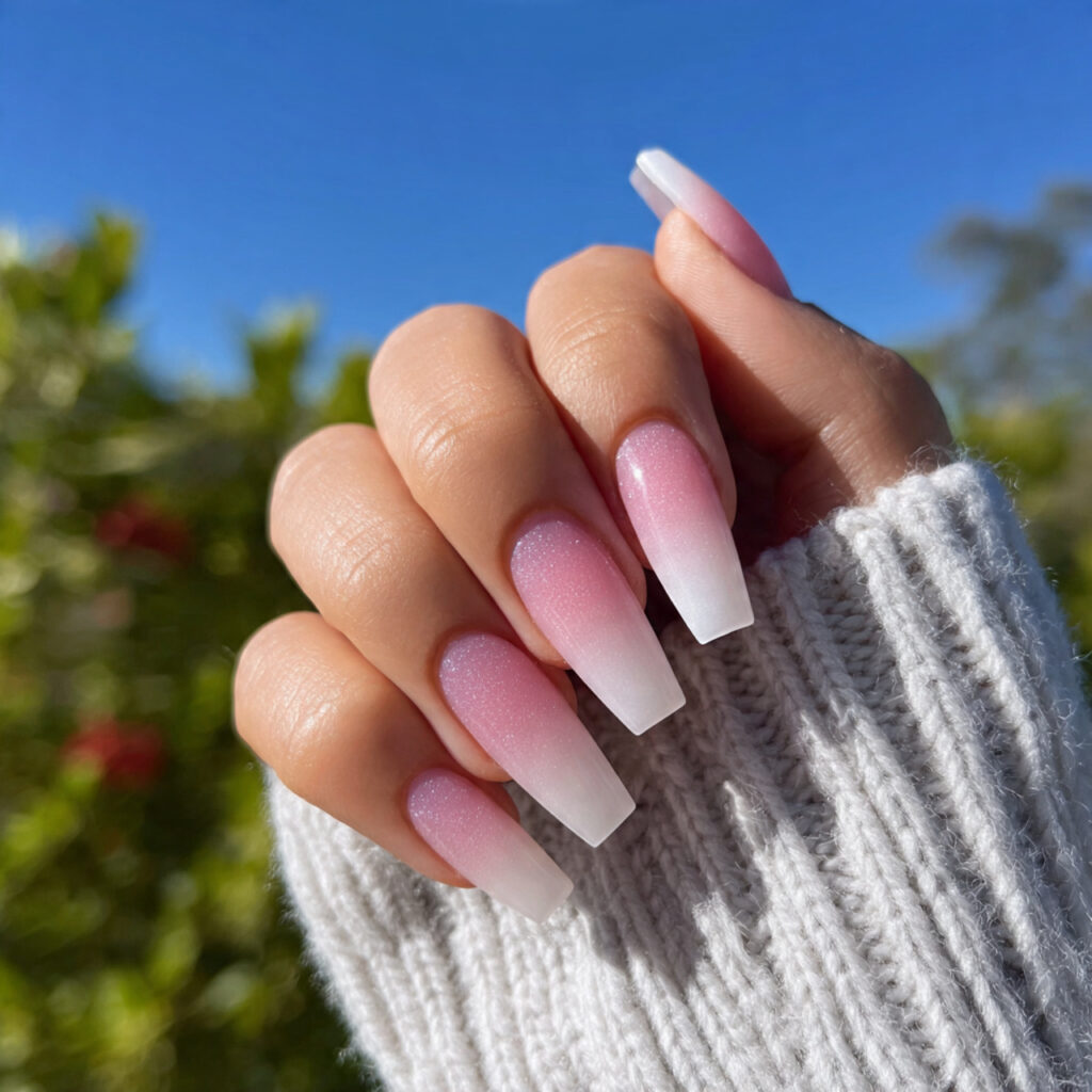attractive nude to white ombr long acrylic nails w 1