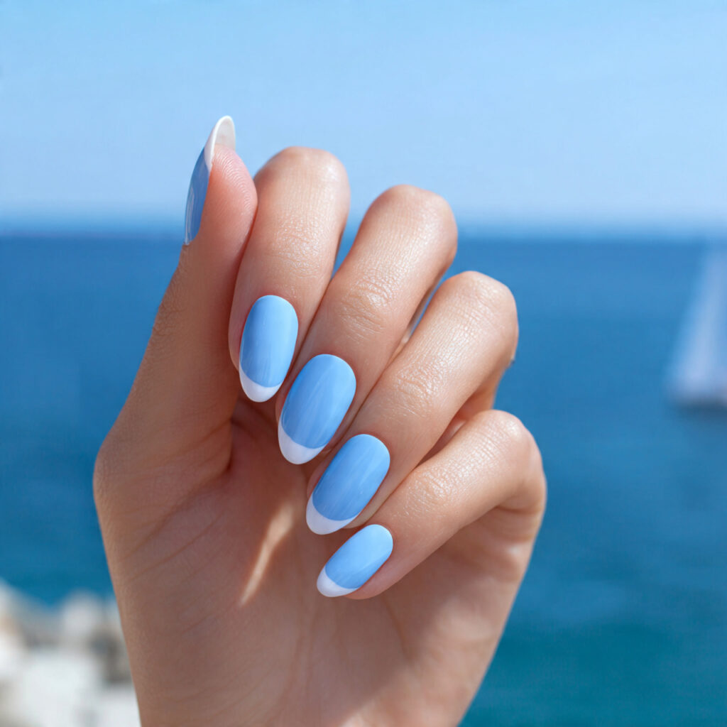 attractive ocean blue double french almond nails w
