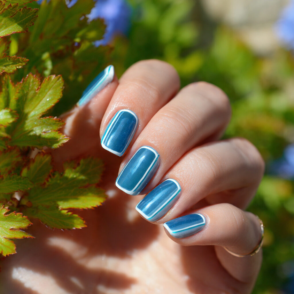 attractive ocean blue double french lines nails wi