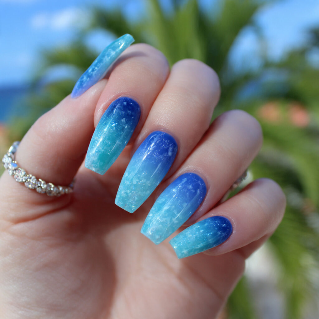 attractive ocean ombre coffin acrylics nails with