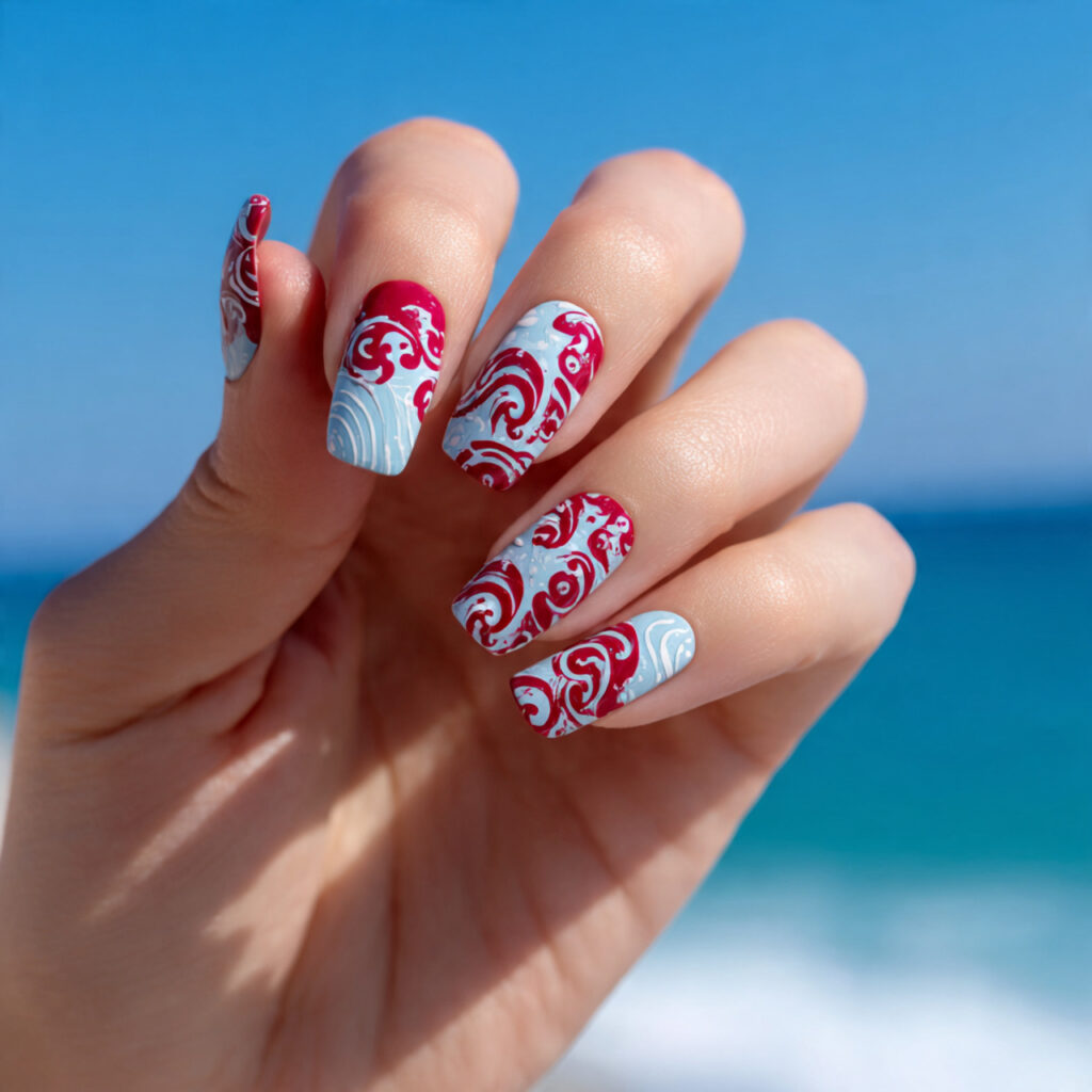 attractive ocean wave swirls with a red twist nail 1