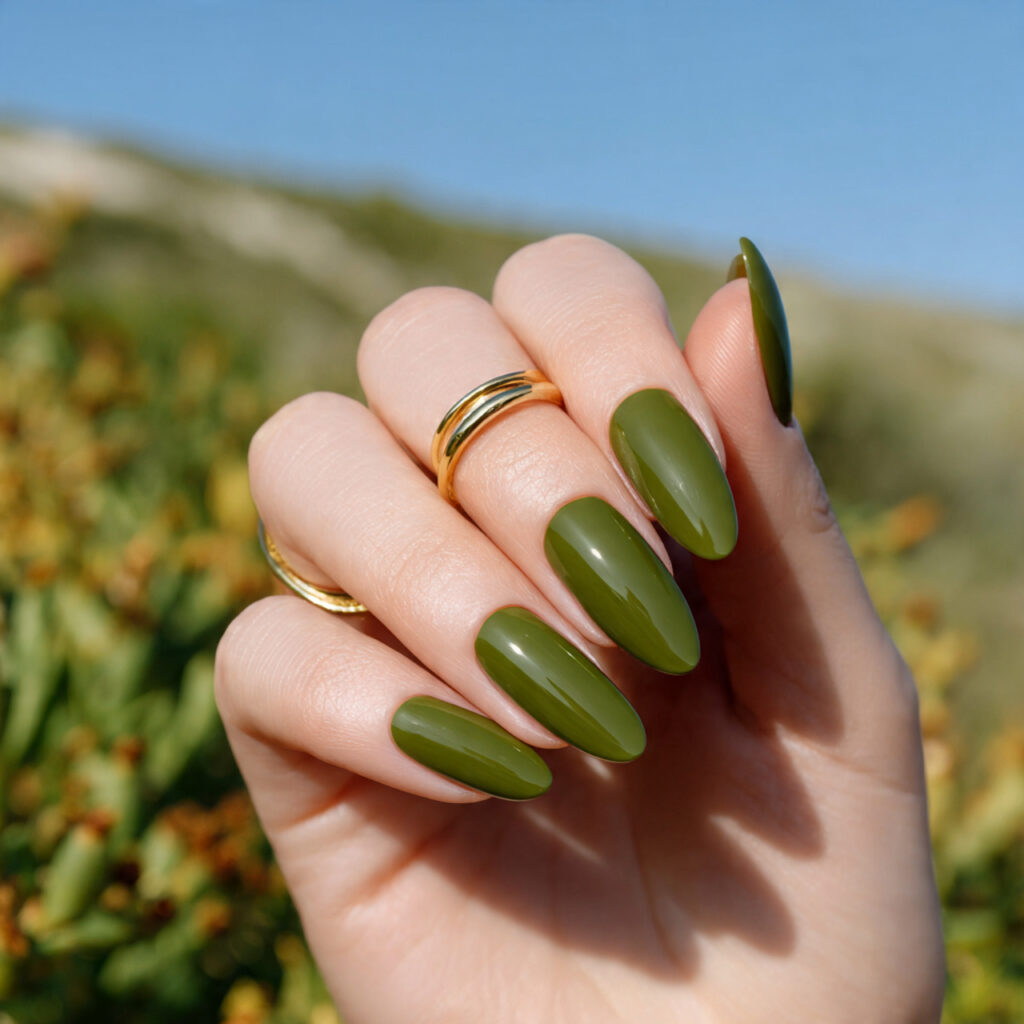 attractive olive green glossy acrylic nails with o