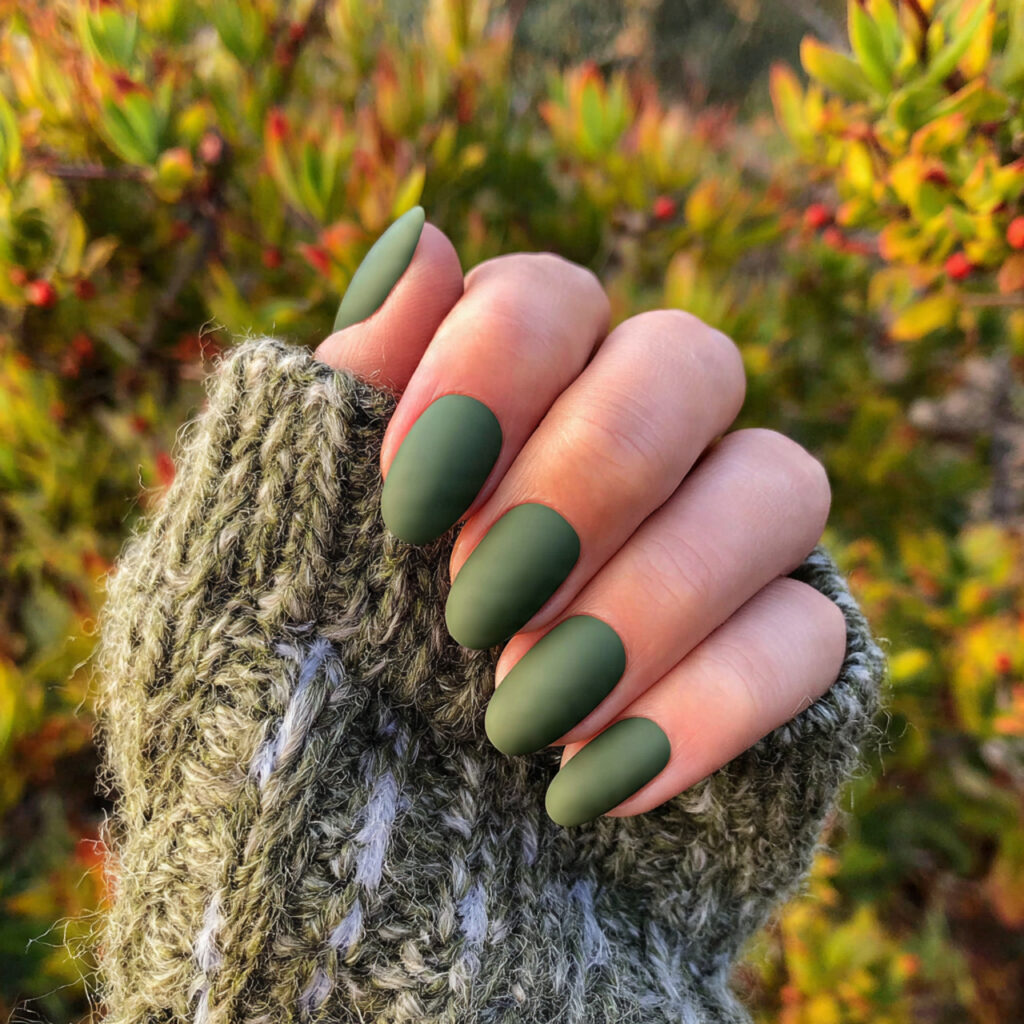 attractive olive green short nails with outdoor fa