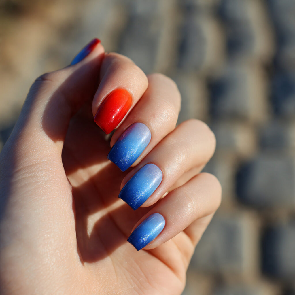 attractive ombre blend from red to blue nails with