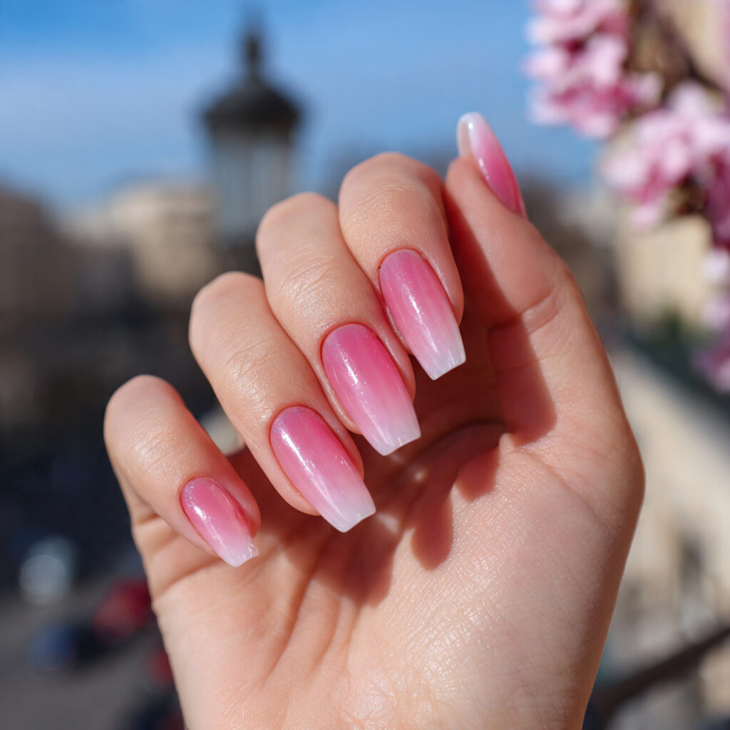 attractive ombre pink french nails with outdoor ba