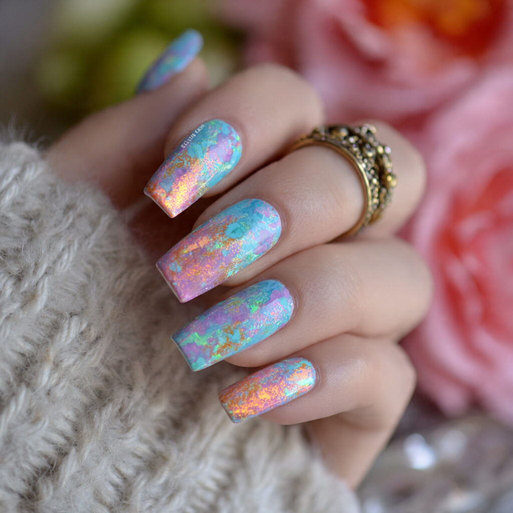 attractive opal shimmer abstract nails with outdoo