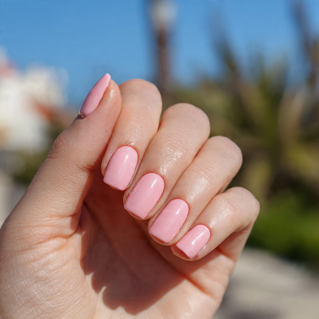 attractive pale rose pink nails with outdoor summe