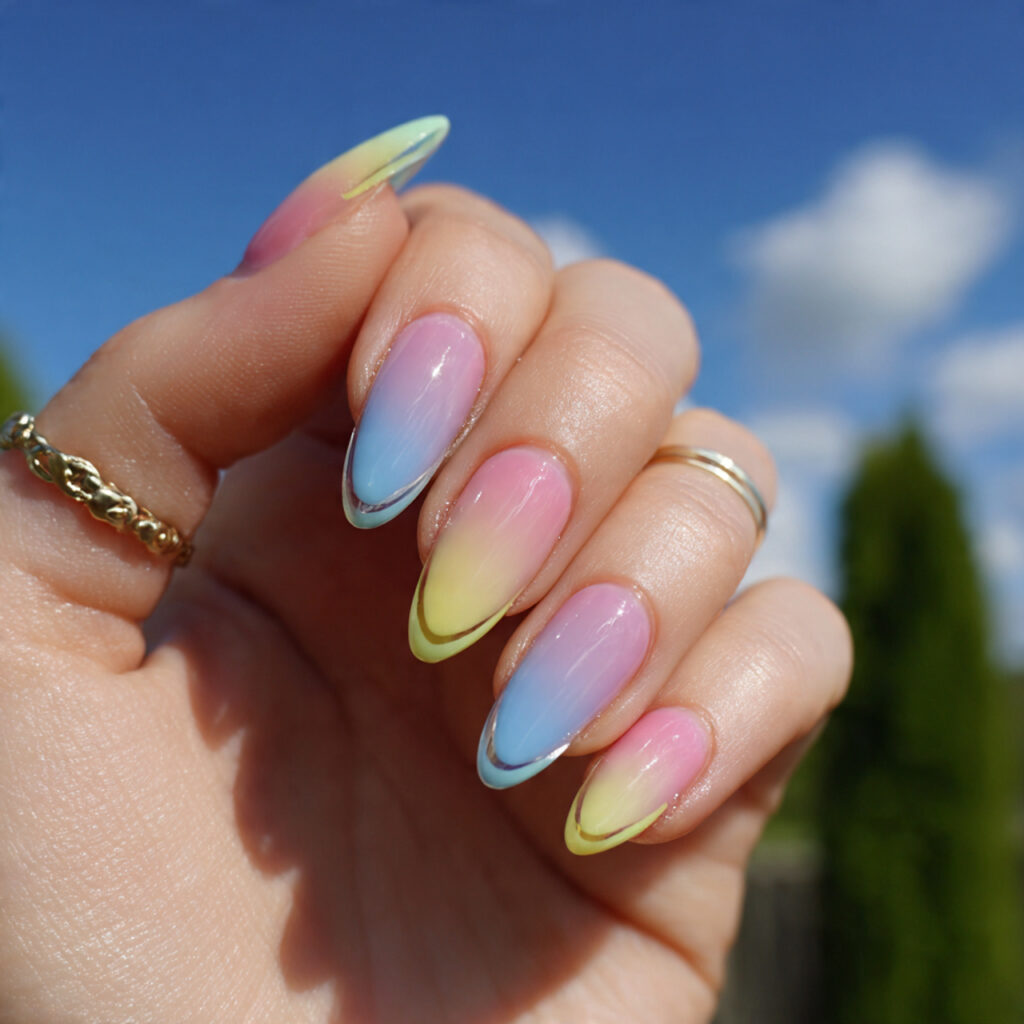 attractive pastel rainbow french almond nails with