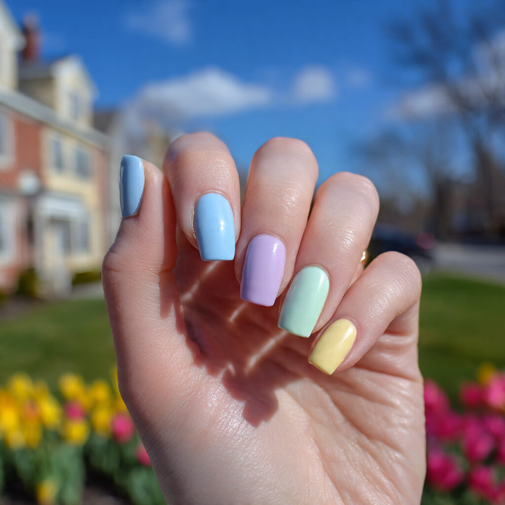 attractive pastel skittle nails mint blue lavender
