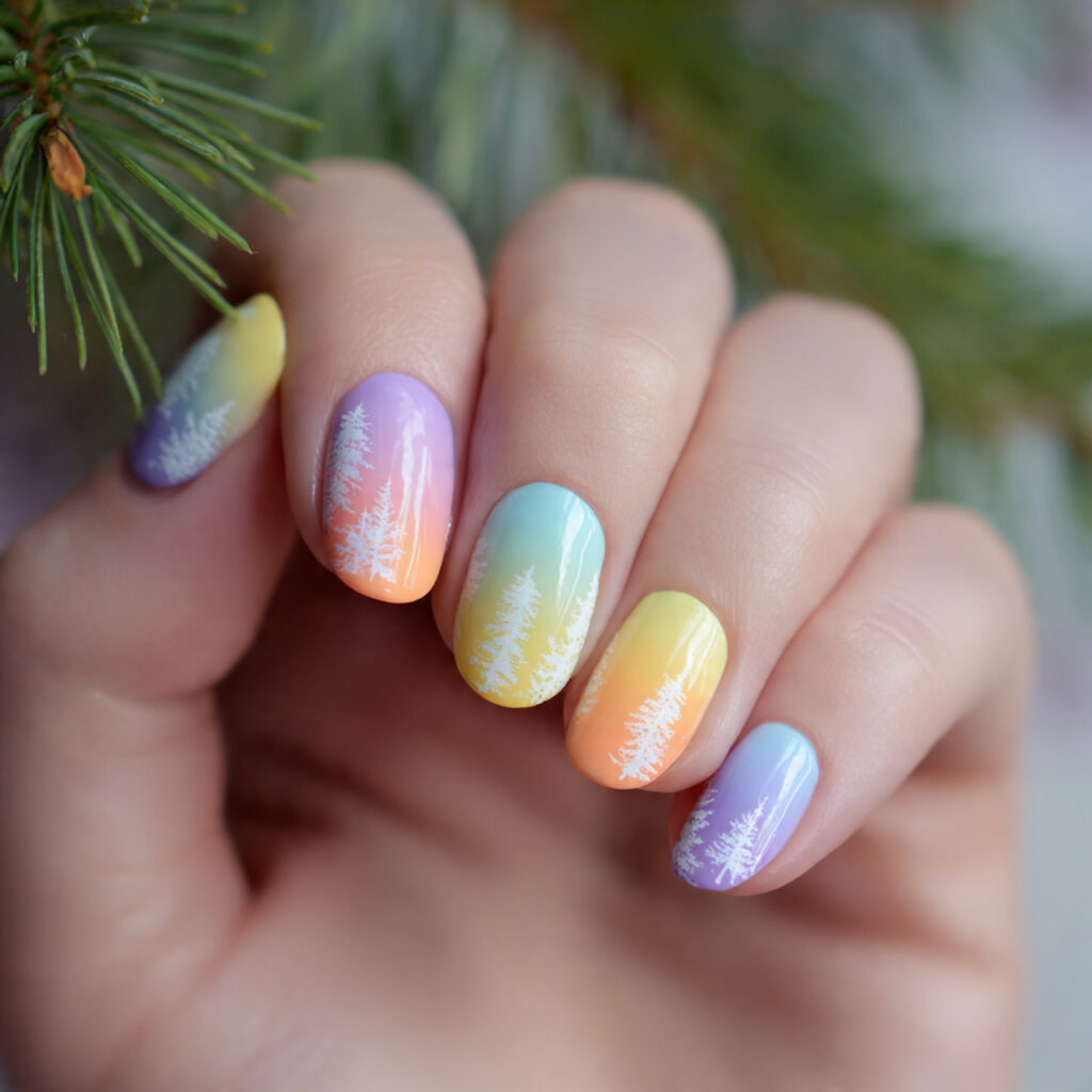 attractive pastel skittle short nails with outdoor