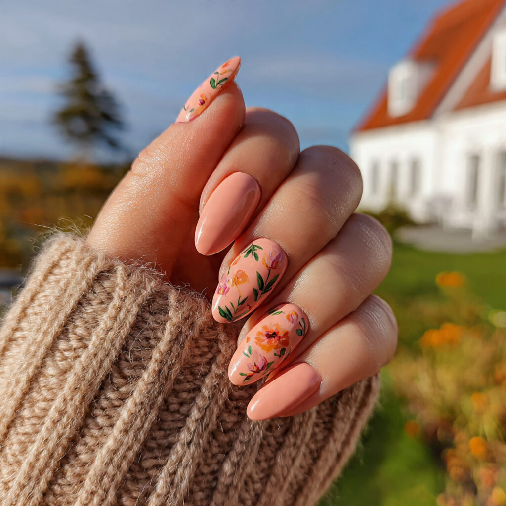 attractive peach almond nails with outdoor backgro