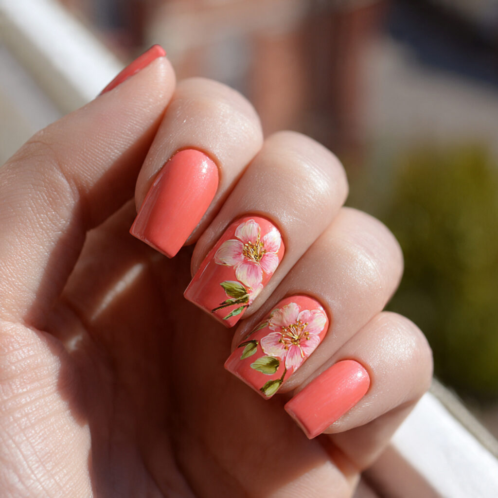 attractive peach blossom nails for warm golden sum