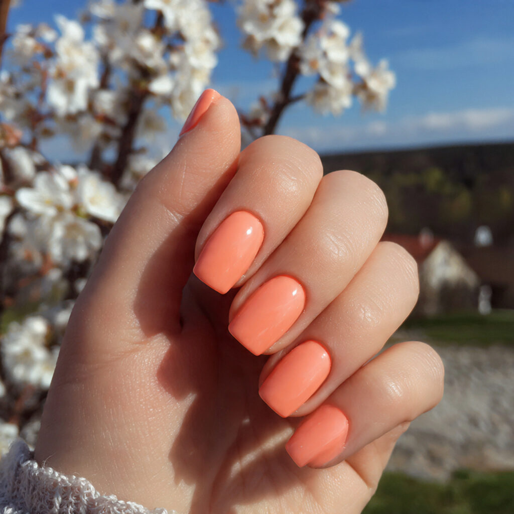 attractive peach gloss nails with outdoor backgrou 1