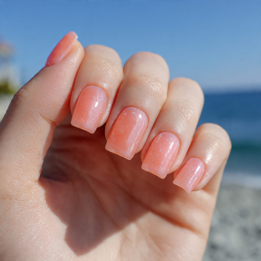 attractive peach jelly short square glow nails wit