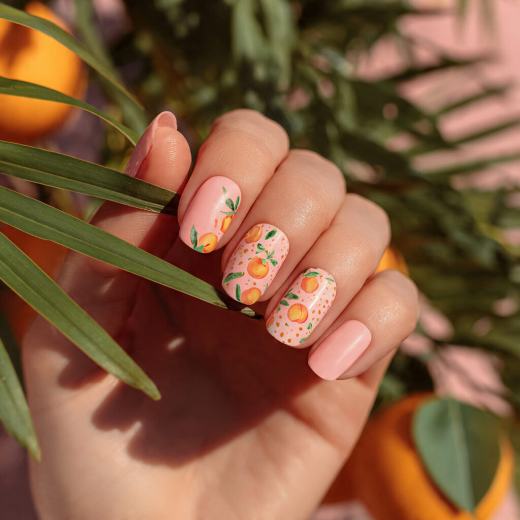 attractive peach sorbet short duck nails with outd